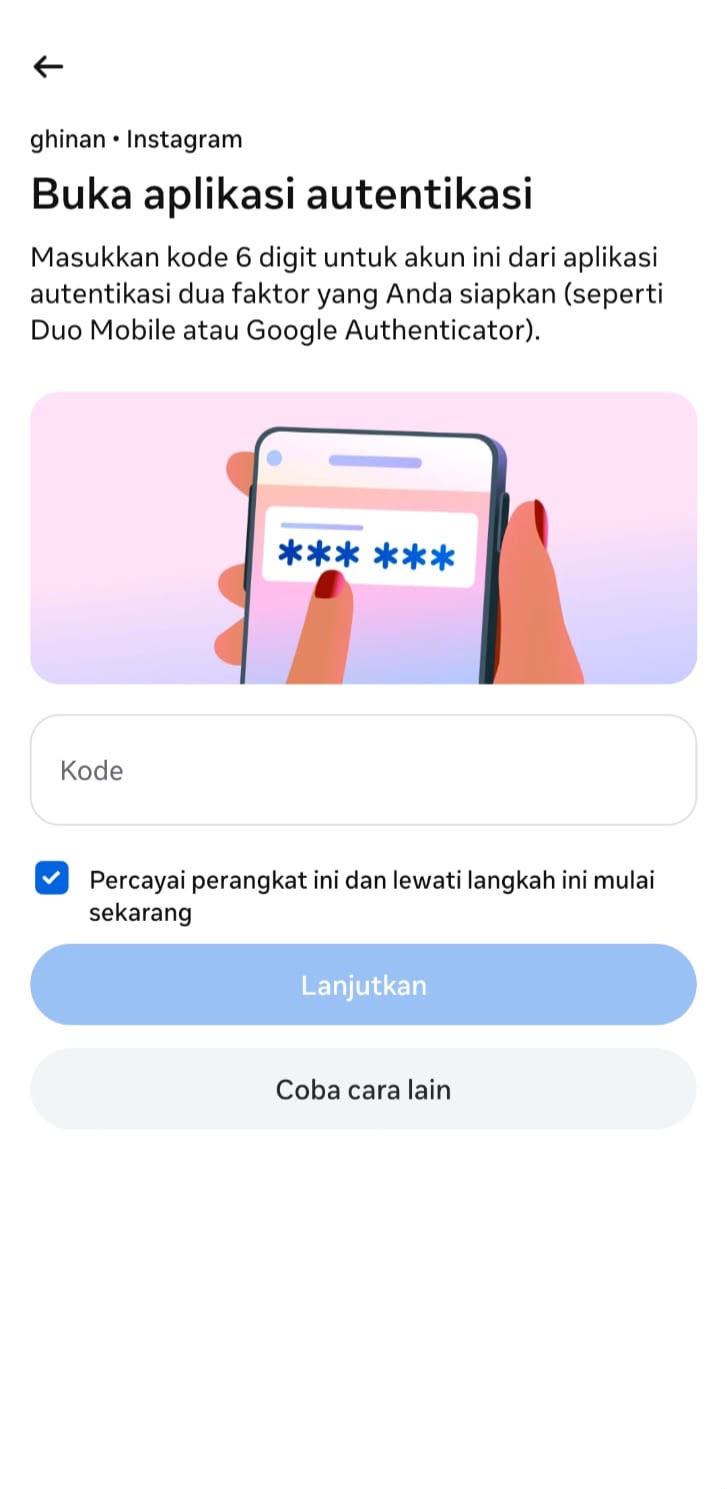 Layar kode autentikasi